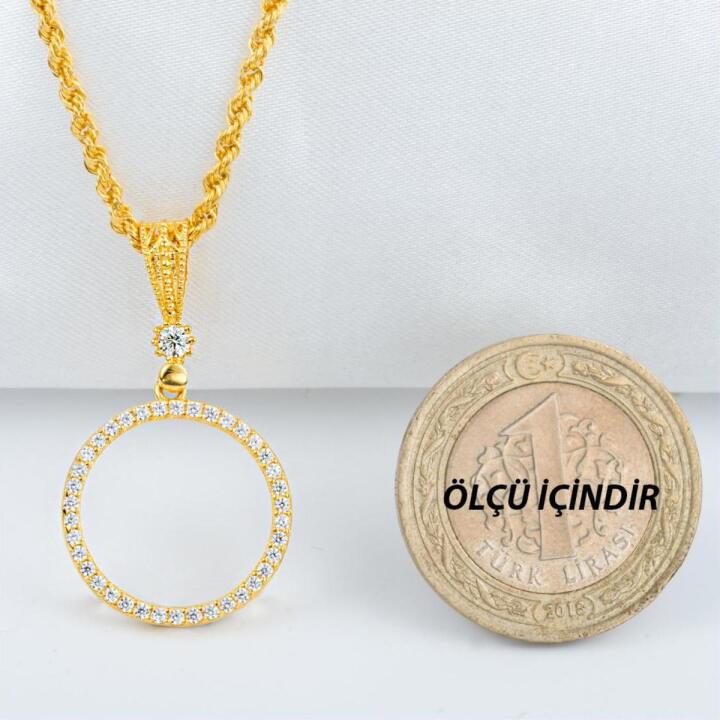 Taşlı Çeyrek Altın Çerçeveli 14 Ayar Kolye - 5
