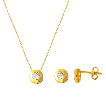 Tek Taşlı Kolye Küpeli 22 Ayar Altın Takı Seti - Bilezikçi